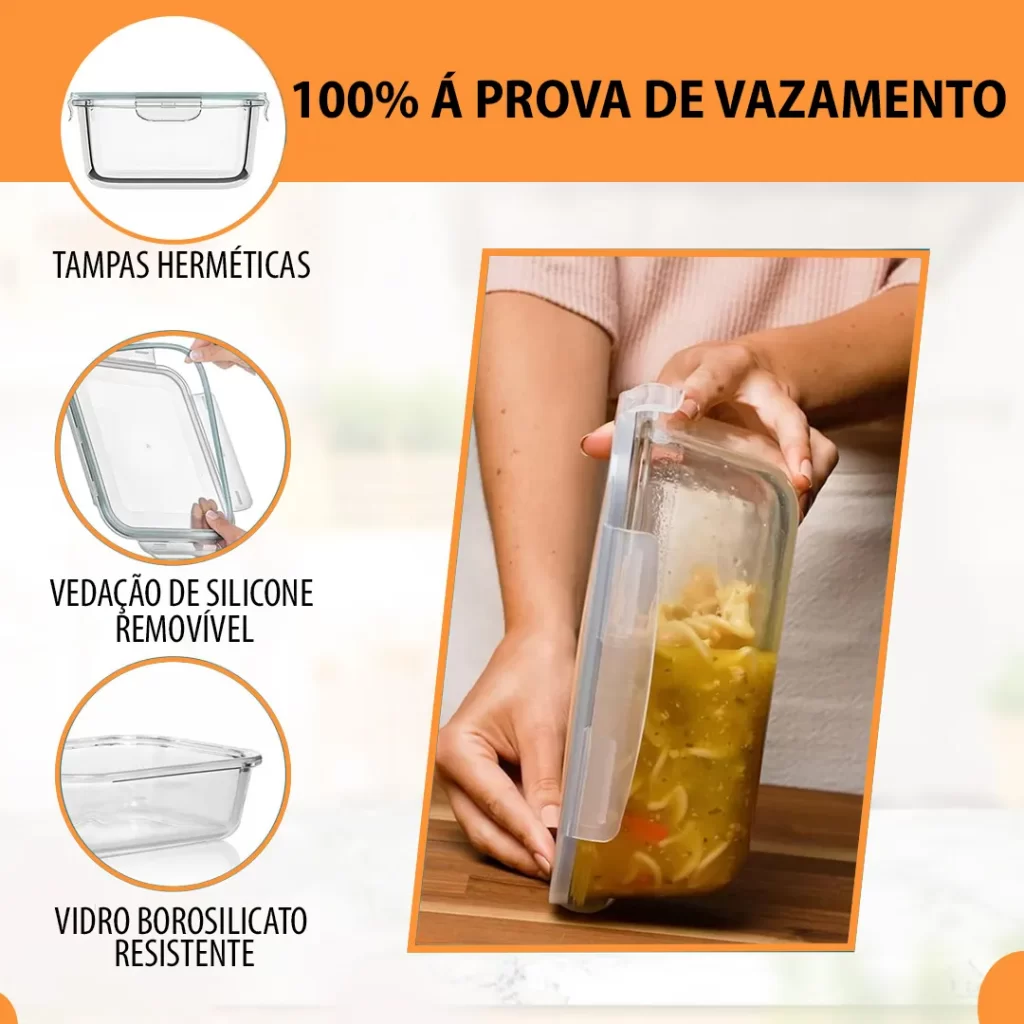 Kit 5 Potes de Vidro Borossilicato 640ml com Tampa Hermética