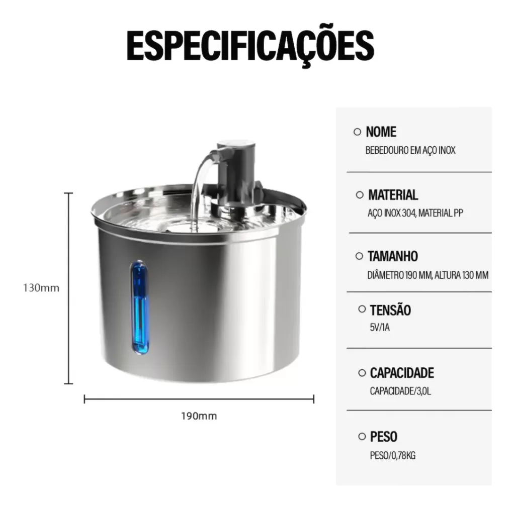 Fonte de água de aço inoxidável para cães e gatos 3 litros - Newpet